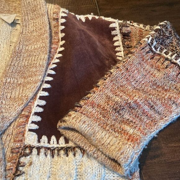 Vintage Kensington Patchwork Cable Knit & Leather Boho Cardigan Sweater large - Picture 3 of 8